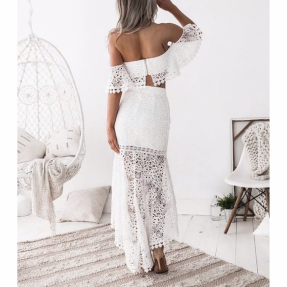 Boho White Floral Off Shoulder Crop top Skirt set - Picture 2 of 2